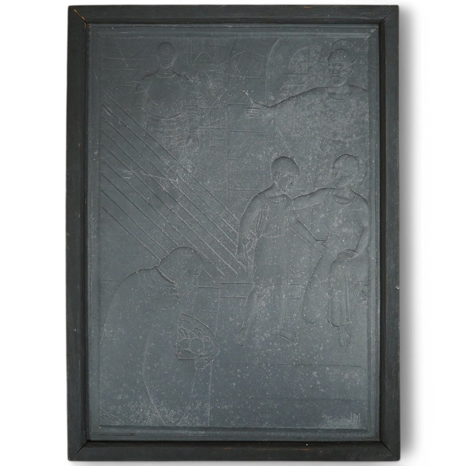 John McKenzie (1897-1972), relief carved slate plaque, ‘Inheritance’, initialled, ink inscription verso, 27cm high. Condition - good